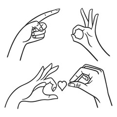 Obraz premium Four Black Line Drawings of Hands Gesturing Pointing Okay Heart and Holding gesture