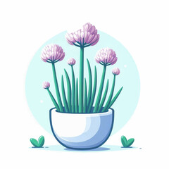 A pot with green chives bearing purple flowers set against a light blue backdrop