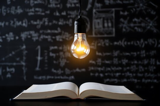 Light Bulb Shining Over Open Book on Black Background