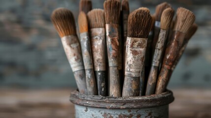 This close-up image captures a collection of used paintbrushes in a weathered container, showcasing their textures and colors, embodying the spirit of creativity and art.
