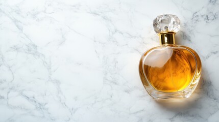 An exquisite glass perfume bottle filled with a rich fragrance, showcased beautifully on a luxurious marble surface, symbolizing elegance and sophistication in personal care.