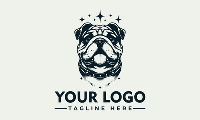 Bulldog head illustration with stars above, depicted in a black and white logo style.