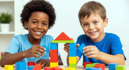 Diverse kids play together with colorful toys, sharing laughter. A joyful vision of unity where childhood friendships transcend all boundaries.