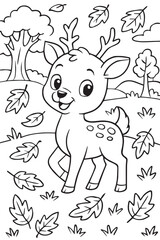 Line art illustration for a children's coloring book of a cute cartoon deer standing among falling leaves in autumn