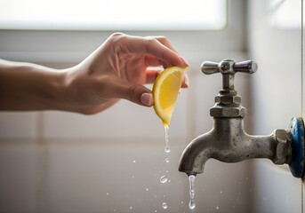 Woman squeezing lemon over tap to extract juice in kitchen