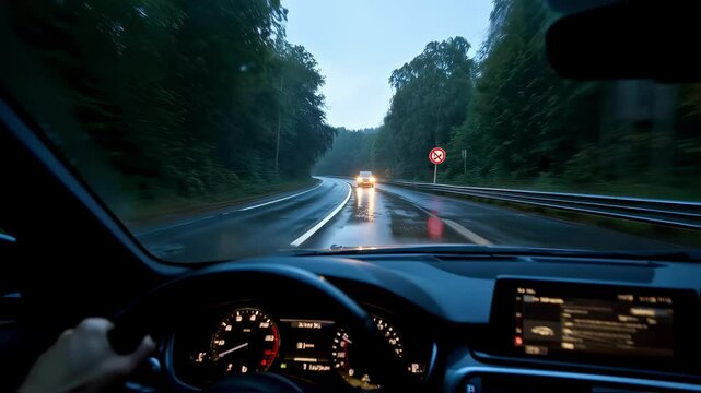 Nighttime dashboard perspective revealing skilled driver navigating treacherous wet roadway, carefully overtaking another vehicle through reduced visibility and challenging driving conditions