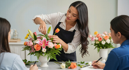 Woman teaching flower arrangement to students in floral workshop  Flower arranging lesson