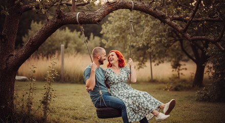 Couple on a tire swing Young laughing while sitting on swing under a tree in summer