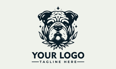 Vintage style logo featuring a bulldog's head, surrounded by stylized foliage and celestial elements.