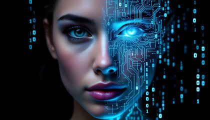 Half human half circuit face concept representing artificial intelligence and tech fusion AI Agent AGI ASI