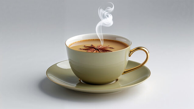 A steaming cup of chai tea with an anise star on a saucer against a neutral background image view
