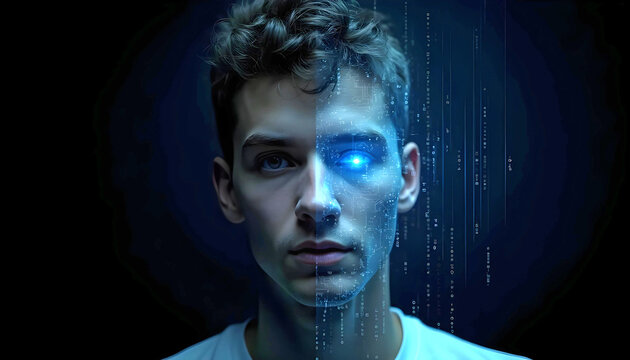 Digital merge of human male face and circuit board illustrating AI transformation AI Agent AGI ASI