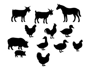 Farm animals silhouettes vector illustration of horse goat pig chicken and duck collection graphic design