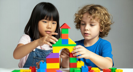 Diverse kids play together with colorful toys, sharing laughter. A joyful vision of unity where childhood friendships transcend all boundaries.