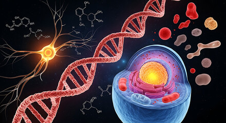 Molecular structure illustration with DNA and cell components  