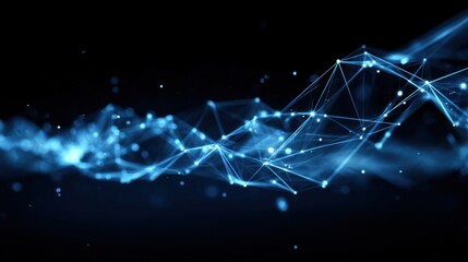 Blue tech background with dots and polygon lines shows AI stream and data flow concept, ideal for futuristic network and digital connection theme
