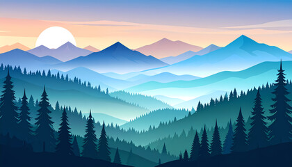 Obraz premium Vector Landscape of Misty Mountains and Pine Forest at Dawn