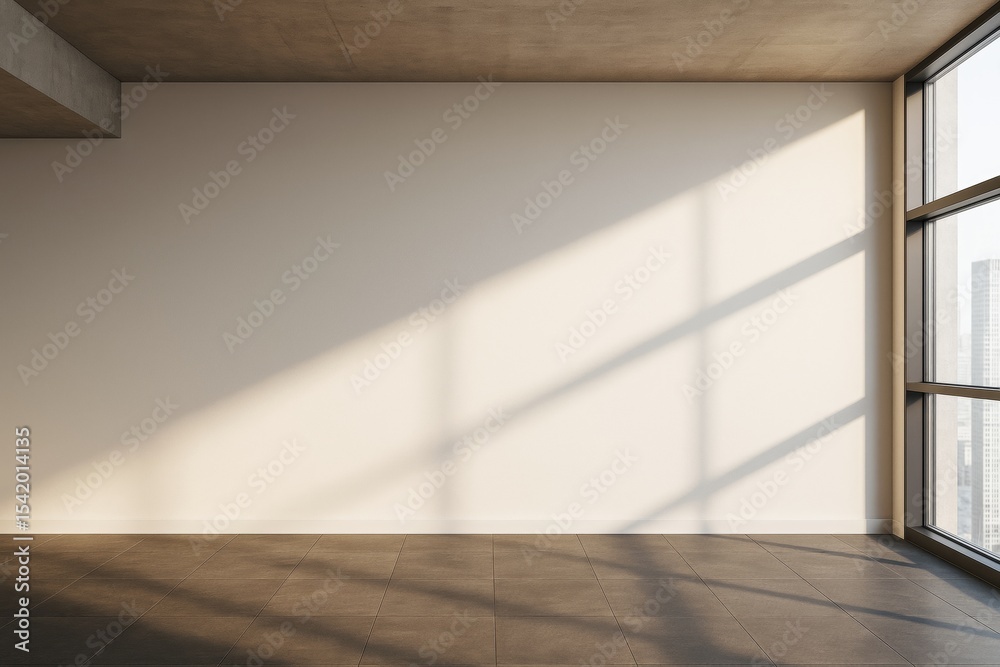 Poster Bright sunlight casting diagonal shadows on empty wall in modern room with large windows and tiled floor, minimalist background concept.