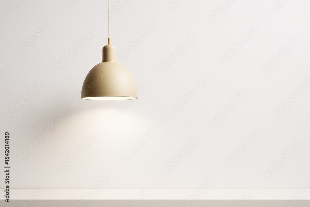 Poster minimal beige pendant light hanging over white table on plain background with soft glow and shadow d