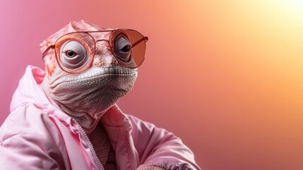 Fototapeta premium A quirky lizard donned in stylish sunglasses poses confidently against a colorful backdrop, blending whimsy and fun in a striking visual composition.