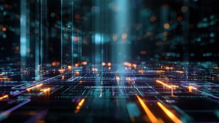 Fototapeta premium Glowing lines and light effects stream across a dark screen, symbolizing futuristic data flow and AI stream in digital tech background