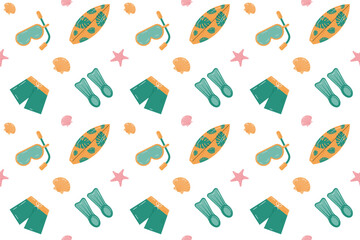 Seamless summer  pattern with transparent background. Ornament with beach  accessories. Summer holiday concept. Flippers, surfboard, diving mask, starfish. Flat cartoon design. Vector illustration