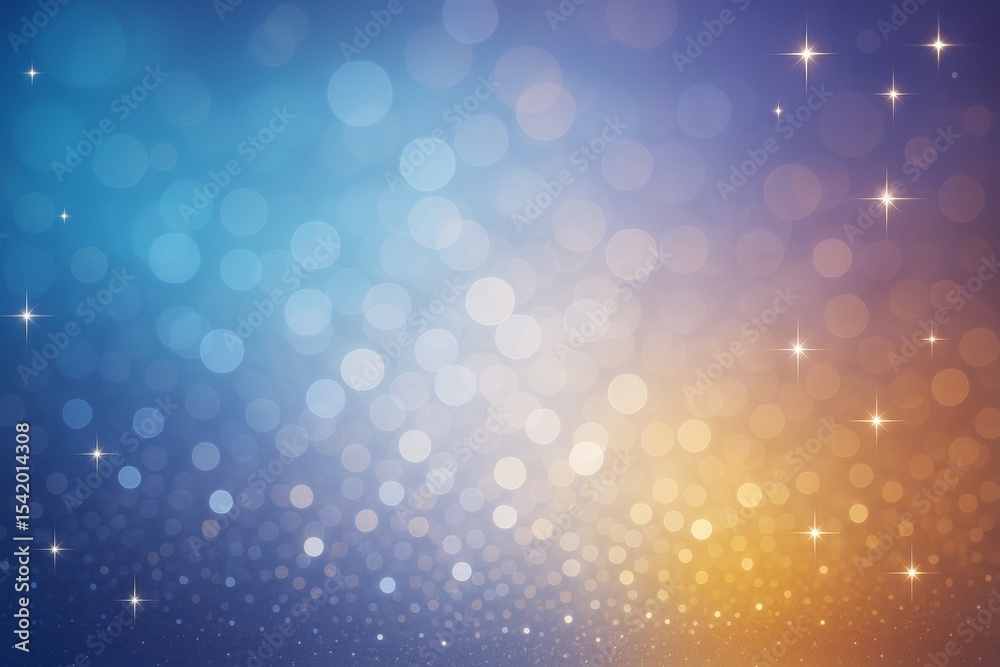 Poster Magical bokeh background with glowing light orbs and stars on a gradient blue to gold backdrop, representing a festive dreamy concept.