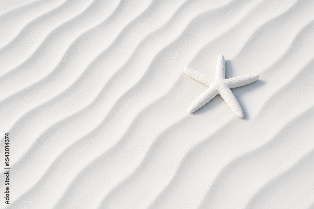 Poster White starfish lying on smooth wavy sand surface with soft shadows under natural light on minimal background. Ai generative.
