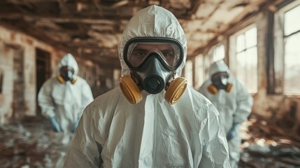 A group of masked individuals in protective gear stands in a derelict and abandoned industrial site, highlighting the seriousness of hazardous environments and safety protocols.