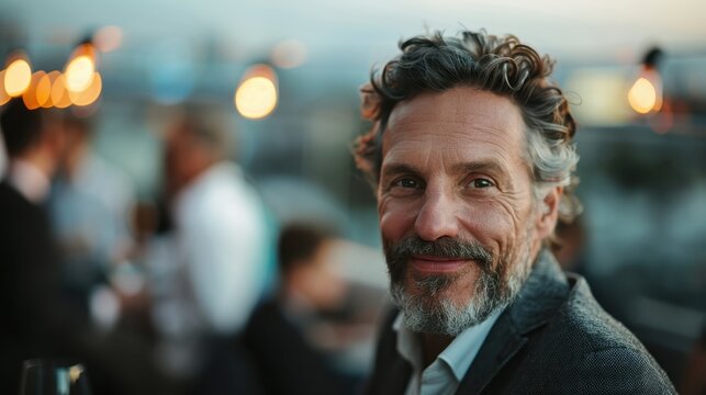 A charming, smiling mature man seated at a social gathering, embodying warmth and confidence in a relaxed atmosphere, reflecting enjoyment and connection with others.