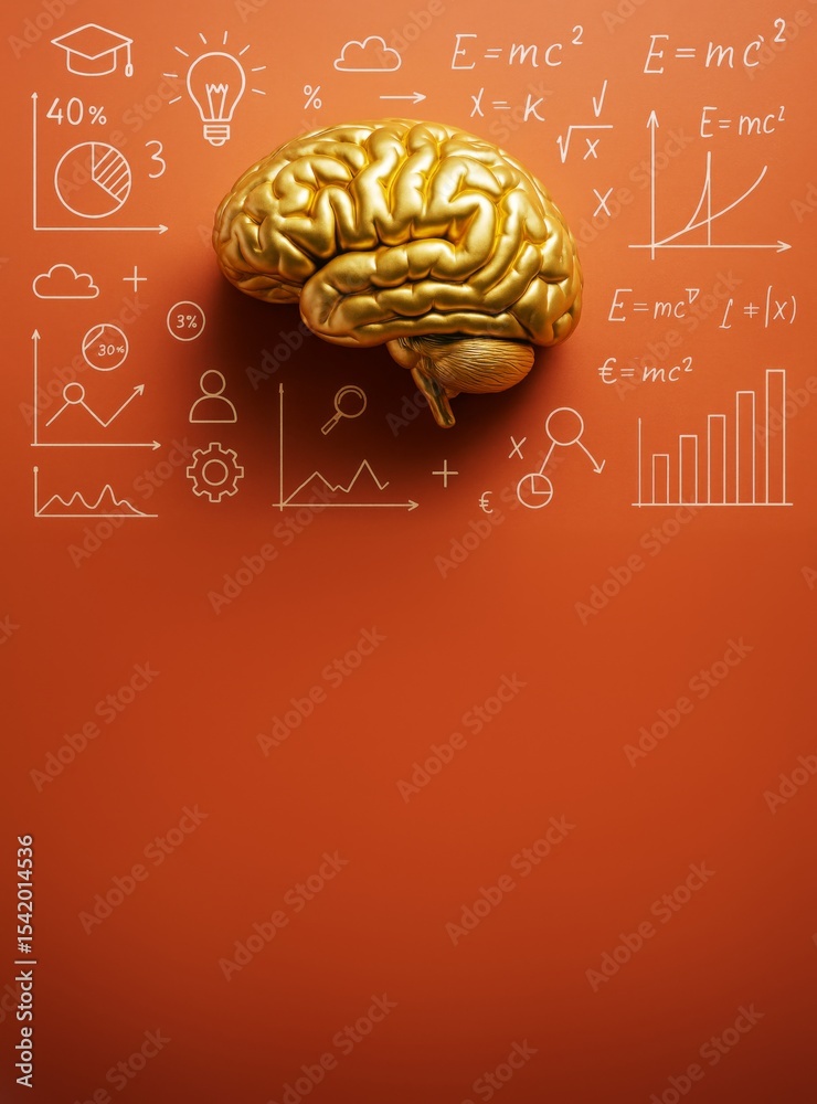Poster golden brain with educational and scientific doodles on orange background with copy space for academ