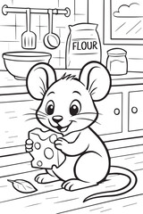 Line art illustration for a children's coloring book of a cute cartoon mouse nibbling cheese inside a cozy kitchen