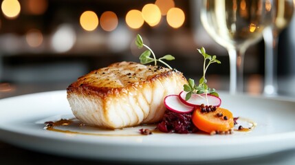 The image showcases a beautifully plated grilled fish dish, artistically arranged with vegetables and herbs, representing culinary excellence and gourmet cuisine.