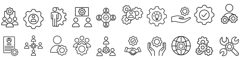 Workshop icon vector set. Developer illustration sign collection. Engineering symbol. Teamwork web icons. Containing repair, service center, team building, coaching, meeting and more.