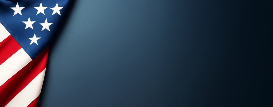 United States flag on left side with dark blue background and empty copy space for patriotic design, banner, or poster concept.