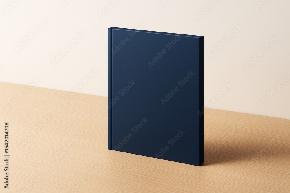 Poster minimalist standing dark blue book mockup on light wooden desk with soft beige background for brandi
