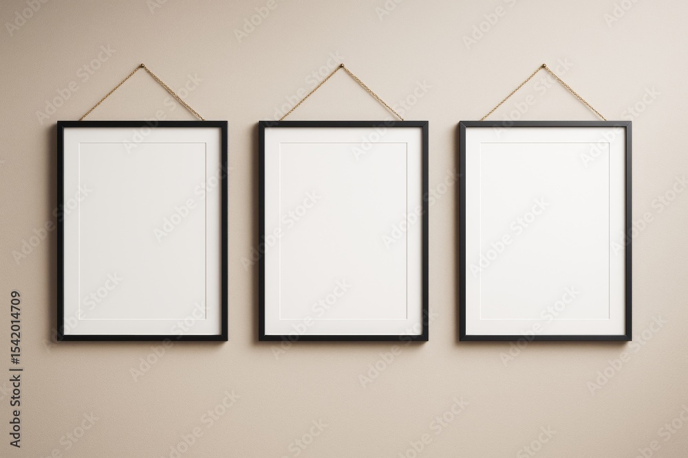 Poster three blank black picture frames hanging on beige wall with soft lighting and empty white space for 