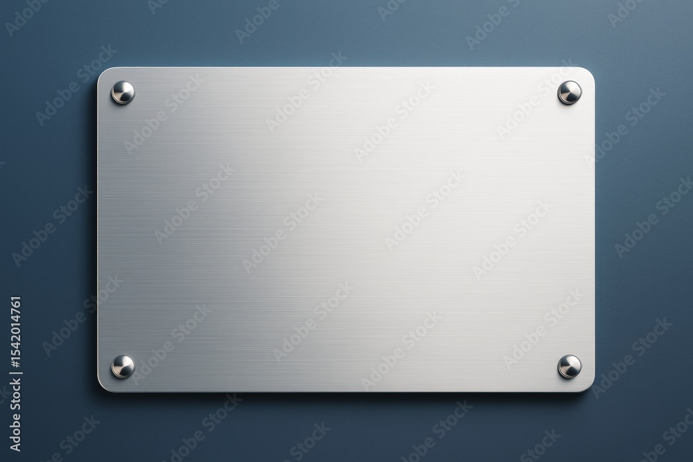 Poster metallic blank plaque with screws on clean blue wall background for branding or signage mockup conce