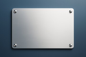 Naklejka na ściany i meble Metallic blank plaque with screws on clean blue wall background for branding or signage mockup concept design template with copy space.