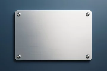 Fototapete Rund Metallic blank plaque with screws on clean blue wall background for branding or signage mockup concept design template with copy space. © Pixels Hunter