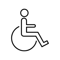 A simple black line drawing of a person in a wheelchair depicted on a white background