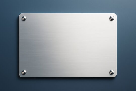 Metallic blank plaque with screws on clean blue wall background for branding or signage mockup concept design template with copy space.