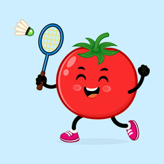 A happy Tomato playing badminton with a shuttlecock on a light blue background.