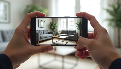 Augmented reality interior design app previewing modern furniture in living room through smartphone AGI ASI