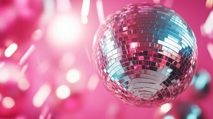 A dazzling disco ball spins and reflects colorful lights, creating a captivating party atmosphere that symbolizes joy, celebration, and the allure of nightlife experiences.