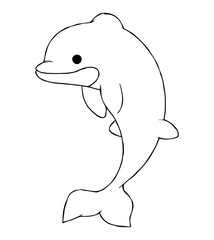 A simple line drawing of a dolphin leaping upwards with a visible eye and fins