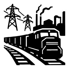 Black and white industrial landscape illustration with train towers and factory vector graphic design