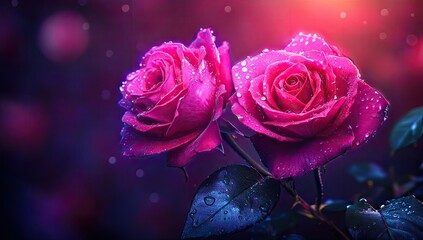 Two vibrant pink roses adorned with dew drops in a mystical night setting.