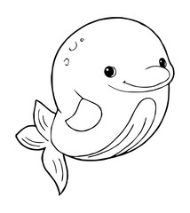 A simple line drawing of a cute cartoon whale with a small fin and tail