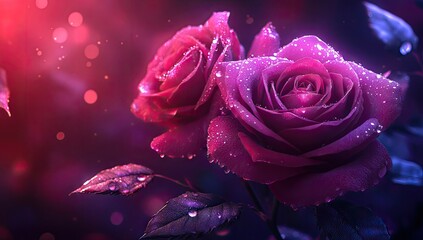 Close-up of two vibrant purple roses, glistening with water droplets.